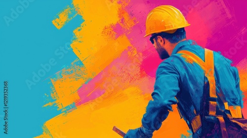 A Painter Working Against a Vibrant, Abstract Background