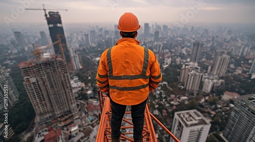 Acrophobia, Fear of Heights Concept, Worker Standing Confidently on Narrow Scaffold High Above City Skyline During Daylight
