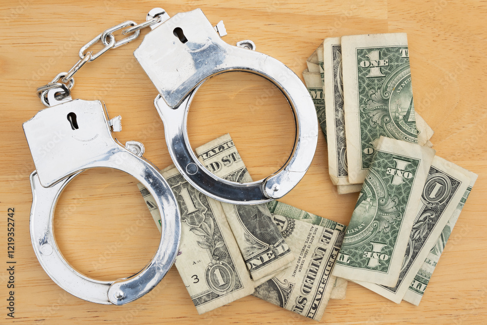 Handcuffs and Cash on wood desk, table, wood,