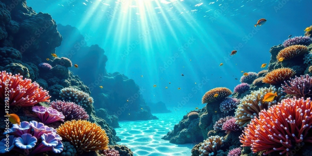 Fototapeta premium Vibrant Underwater Scene Showcasing a Thriving Coral Reef Ecosystem with Colorful Fish and Diverse Coral Formations