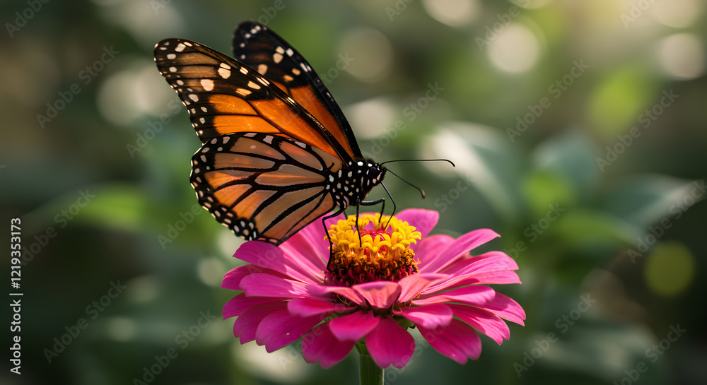 Monarch butterfly perched on pink zinnia flower feeding Monarch butterfly perched on pink zinnia flower feeding