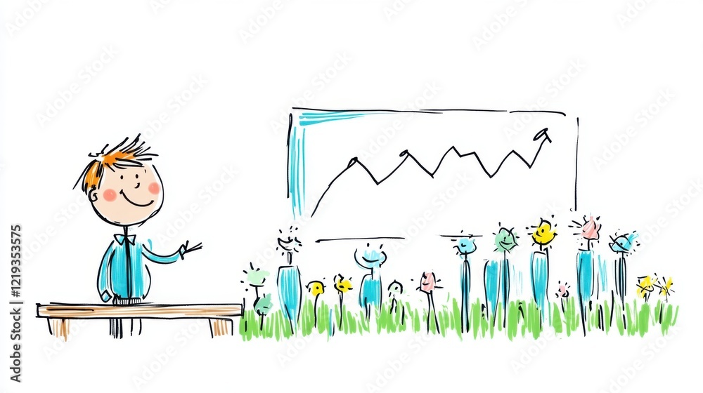 Young Boy Presenting Growth Chart to Audience Surrounded by Colorful Flowers in a Whimsical Style Young Boy Presenting Growth Chart to Audience Surrounded by Colorful Flowers in a Whimsical Style