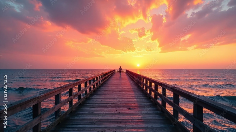 Solitary Figure Walking on a Wooden Pier at Sunrise Over a Serene Ocean Solitary Figure Walking on a Wooden Pier at Sunrise Over a Serene Ocean