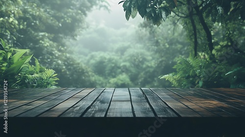 Blank wooden surface with a serene forest view, softly blurred for a minimalist and organic composition. photo