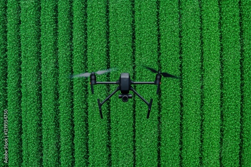 Aerial View of Drone Flying Over Lush Green Agricultural Field photo