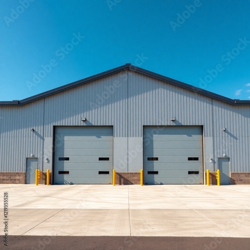 Industrial warehouse, large garage doors, sky background.