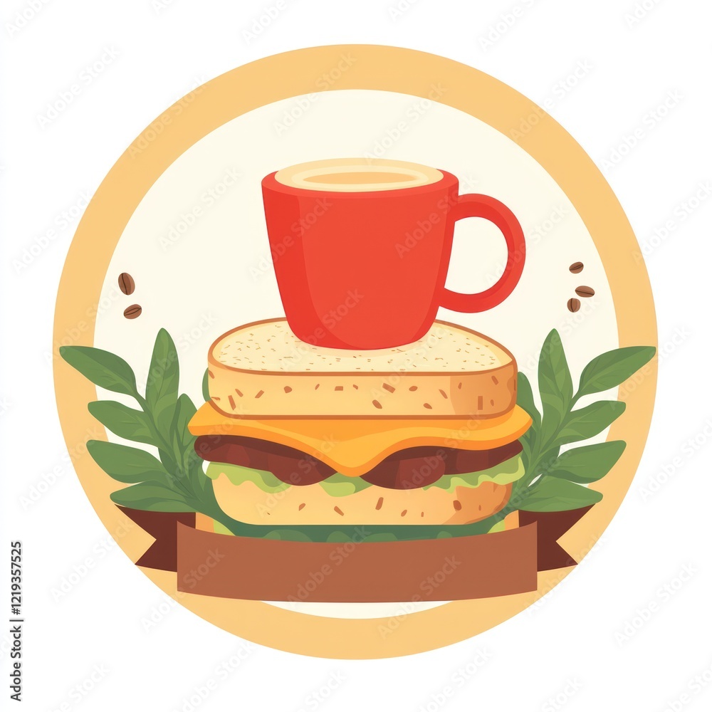 Stacked sandwich and coffee, breakfast, stylized illustration, on round background Stacked sandwich and coffee, breakfast, stylized illustration, on round background