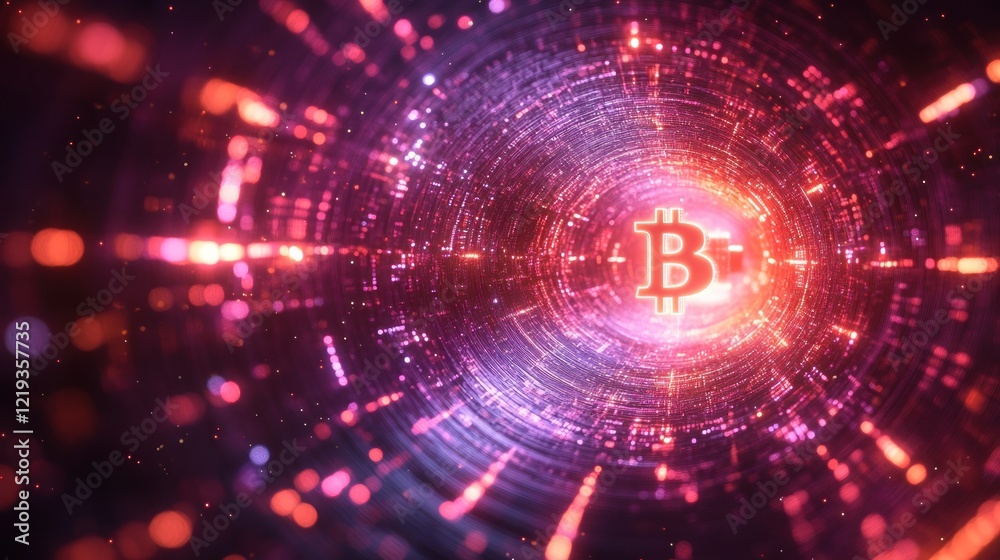 A glowing Bitcoin symbol surrounded by a swirling vortex of data and light. A glowing Bitcoin symbol surrounded by a swirling vortex of data and light.