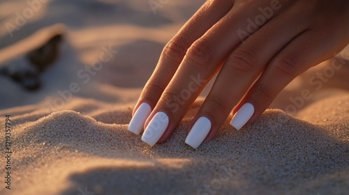A woman's hand with white nail polish sitting on sandy beach, perfect for summer and vacation themes
