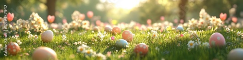 Pastel-colored Easter eggs scattered on grassy field with blooming flowers under warm sunlight, creating festive and joyful atmosphere perfect for spring celebrations.