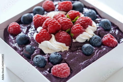 A sweet treat featuring blueberries and raspberries in a white box, perfect for photography or food styling