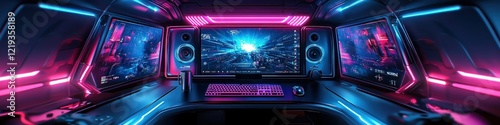  Immersive futuristic gaming setup with neon pink and blue lights, triple monitors displaying a sci-fi universe, emphasizing advanced technology and dynamic gaming experiences. photo