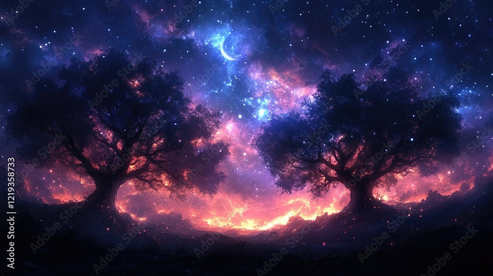 Fototapeta premium Two Majestic Trees Underneath a Starry Night Sky