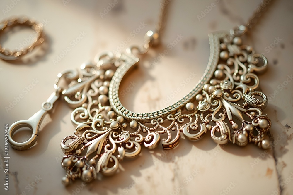 Intricate silver necklace with ornate design displayed on marble surface Intricate silver necklace with ornate design displayed on marble surface