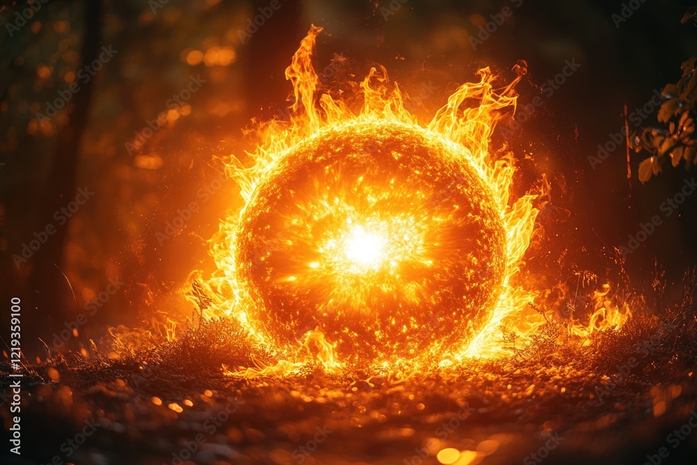 Obraz premium A blazing fireball illuminates the dense forest, highlighting the surrounding trees and foliage