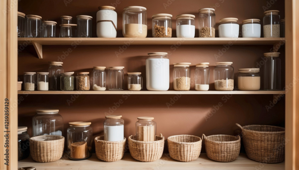 Wooden shelves in a zero-waste pantry display neatly arranged glass jars, replacing plastic with sustainable and stylish alternatives.
