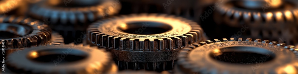 Cluster of interlinked gears arranged symmetrically with intricate engravings. Diffused lighting highlights their fine craftsmanship and industrial precision. Cluster of interlinked gears arranged symmetrically with intricate engravings. Diffused lighting highlights their fine craftsmanship and industrial precision.