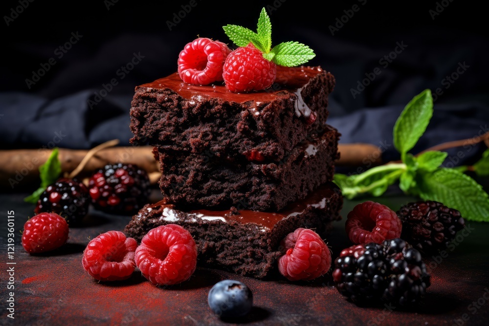 Chocolate brownie squares stacked high, topped with fresh raspberries, mint, and accompanied by blackberries and blueberries on a dark background Chocolate brownie squares stacked high, topped with fresh raspberries, mint, and accompanied by blackberries and blueberries on a dark background