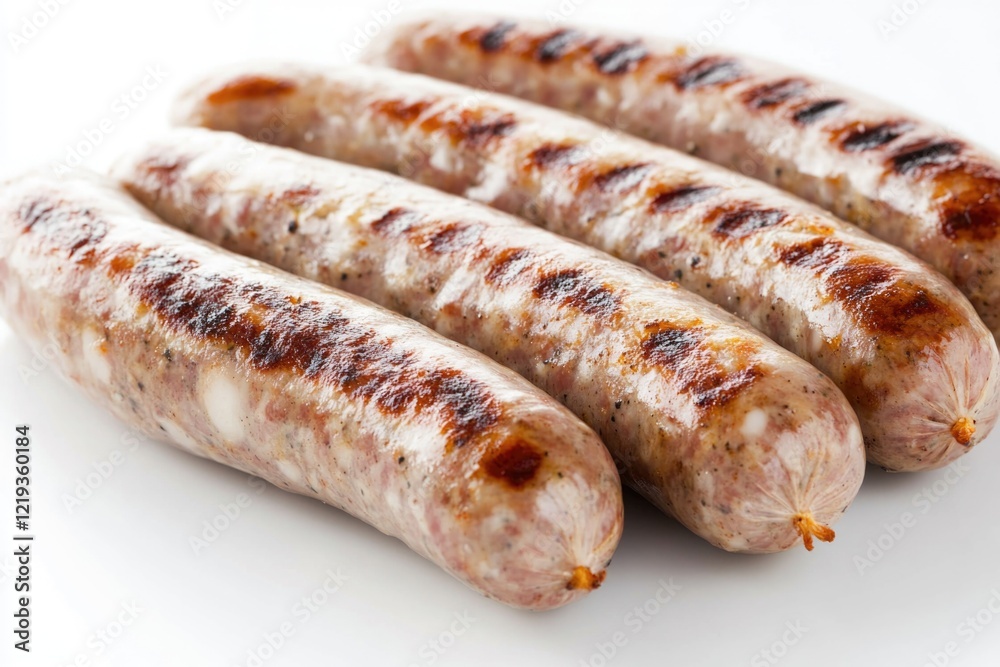 Fresh sausages sitting on a clean white surface, perfect for food styling or marketing