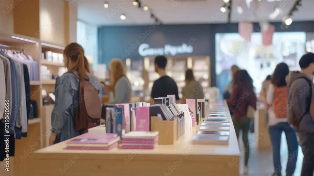 Fototapeta premium Customer Service Desk with Shoppers in Warm Lighting