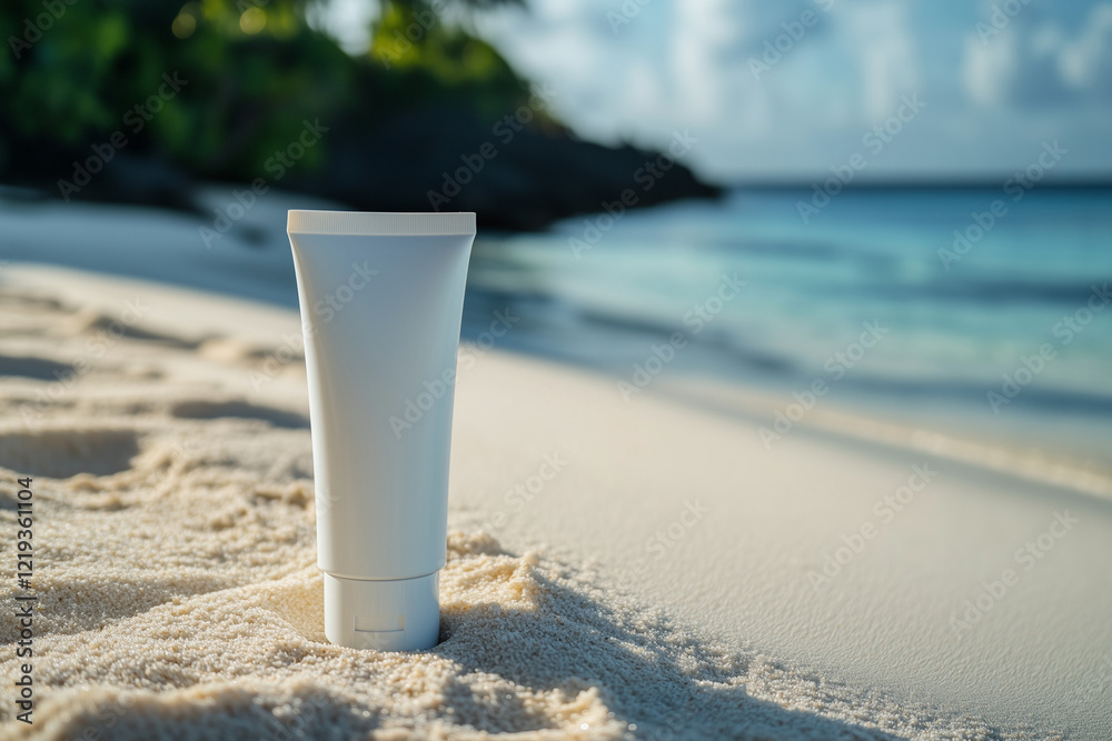 White cosmetics cream tube without labels, standing on sand, blurred beach on background, mockup White cosmetics cream tube without labels, standing on sand, blurred beach on background, mockup