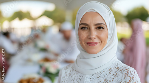 A happy woman in traditional dress smiling at a family gathering during iftar photo