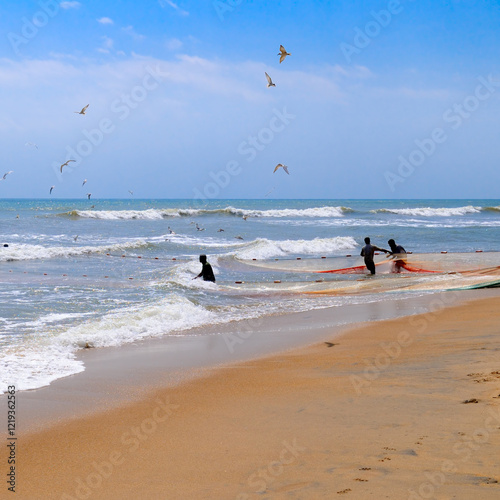 Group of men helping fishermen to pull over large fishing net from ocean photo