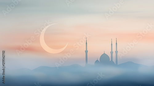 A delicate watercolor painting of a crescent moon and mosque, symbolizing serenity and spirituality photo