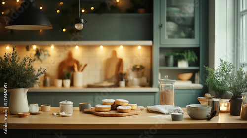 A cozy kitchen scene with freshly baked Welsh cakes and ingredients for baking photo