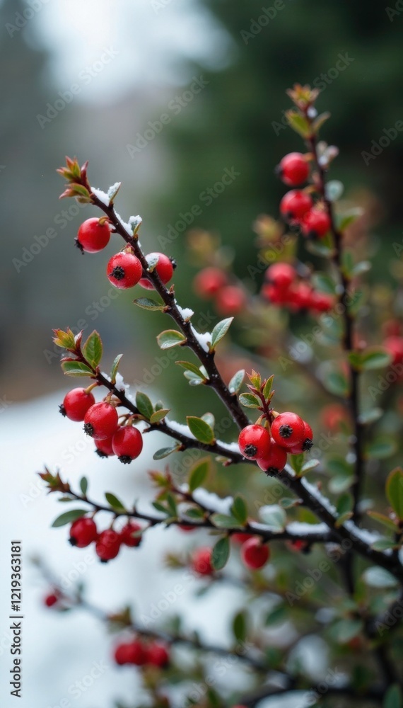 Barberry shrub with thorny stems and red berries, winter, evergreen, deciduous Barberry shrub with thorny stems and red berries, winter, evergreen, deciduous