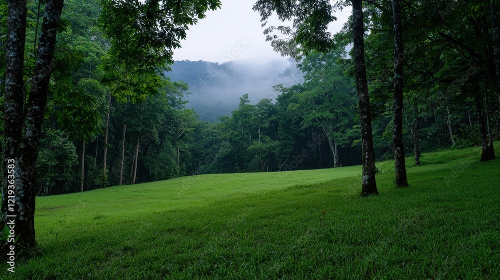 A serene landscape features vibrant green grass illuminated by early morning light. Mist softly blankets distant mountains, creating a peaceful atmosphere in the forest A serene landscape features vibrant green grass illuminated by early morning light. Mist softly blankets distant mountains, creating a peaceful atmosphere in the forest