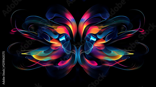 Dynamic colorful abstract artwork digital realm graphic design dark background symmetrical view visual harmony