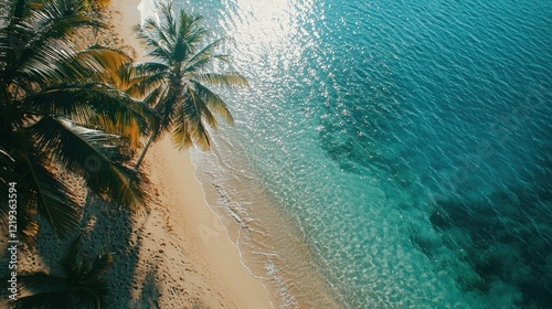 Clear turquoise water gently laps against a sandy shore, with lush palm trees providing shade. The sun shines brightly over this peaceful tropical paradise photo