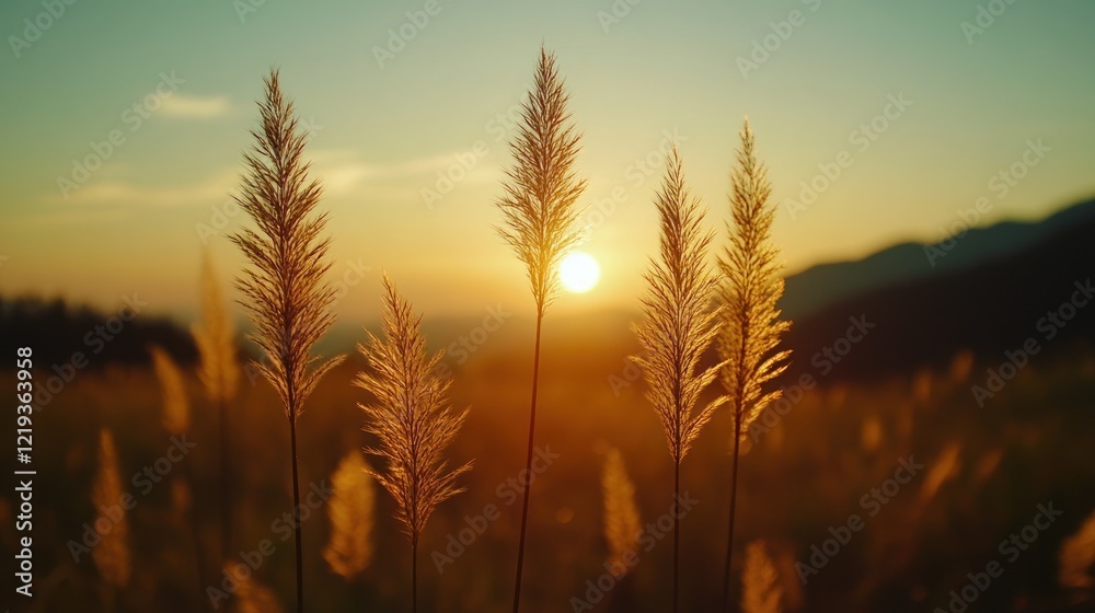 Tall grass backlit by the setting sun, creating a silhouette against the sky. Tall grass backlit by the setting sun, creating a silhouette against the sky.