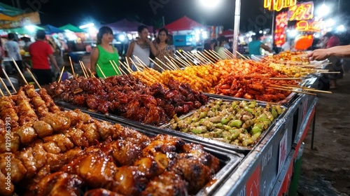 Stalls filled with a variety of grilled skewers entice visitors at a bustling night market. Colorful tents and lively atmosphere create an enjoyable culinary experience for food lovers
