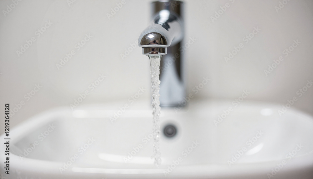 World Water Day water faucet releasing droplet in minimalist bathroom, awareness World Water Day water faucet releasing droplet in minimalist bathroom, awareness