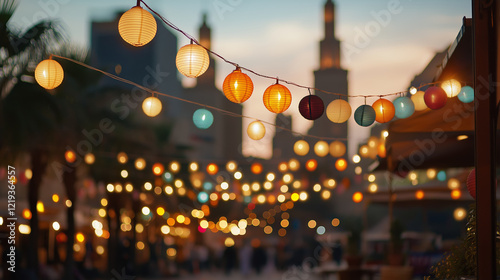 A city square adorned with colorful lanterns and Ramadan lights, creating a festive ambiance photo