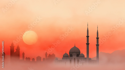 A serene watercolor painting of a mosque silhouetted against a glowing sunset, evoking peace photo