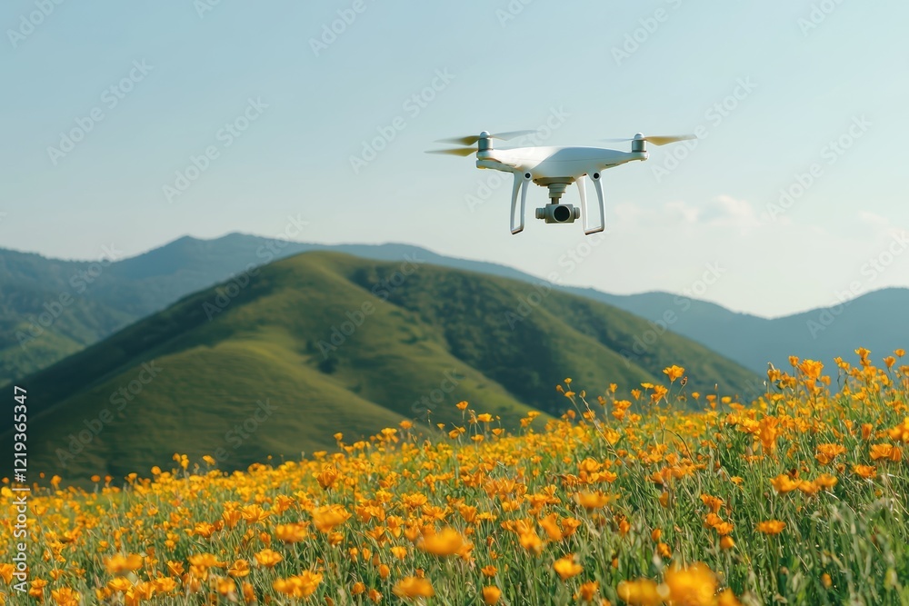 Fototapeta premium Drone Flying Over Yellow Flower Field and Rolling Green Hills
