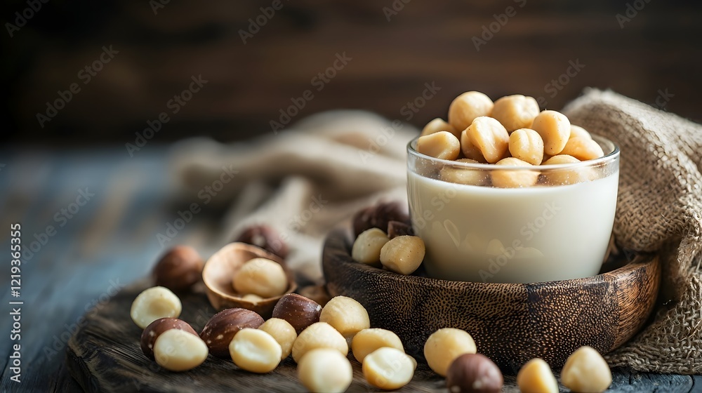 Macadamia Milk in Wooden Bowl on Table with Copy Space for Text Macadamia Milk in Wooden Bowl on Table with Copy Space for Text