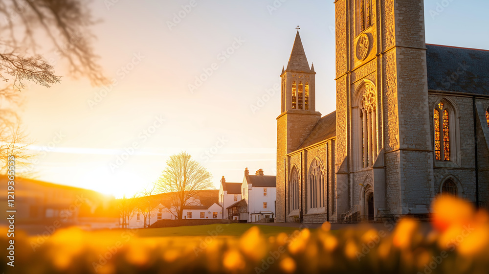 Obraz premium A stunning sunset view of St. David's Cathedral with daffodils in the foreground