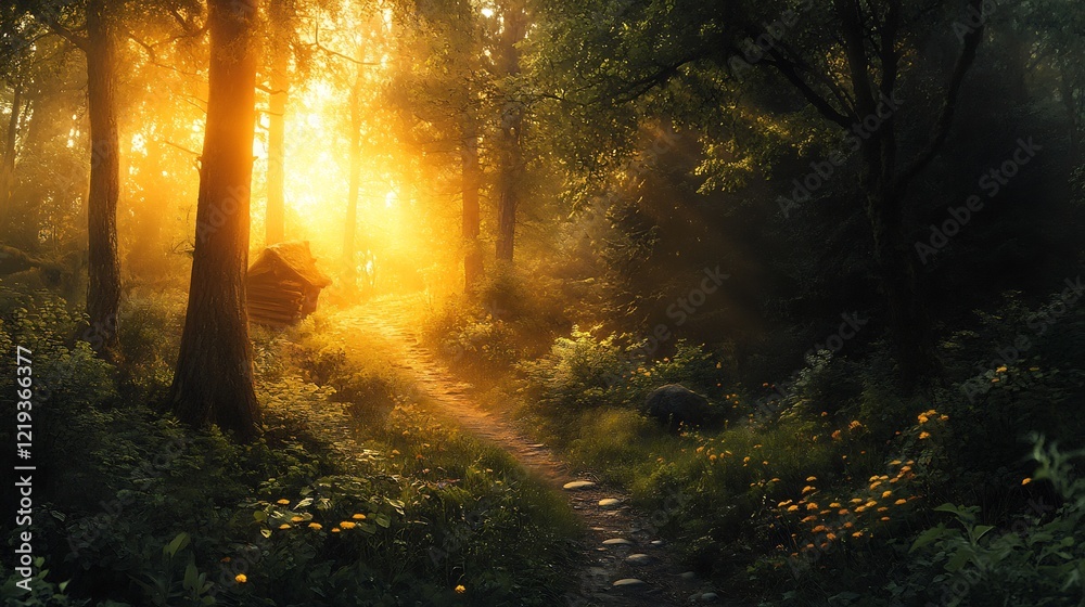 Obraz premium Magical Sunlit Forest Path Leading to a Rustic Cabin