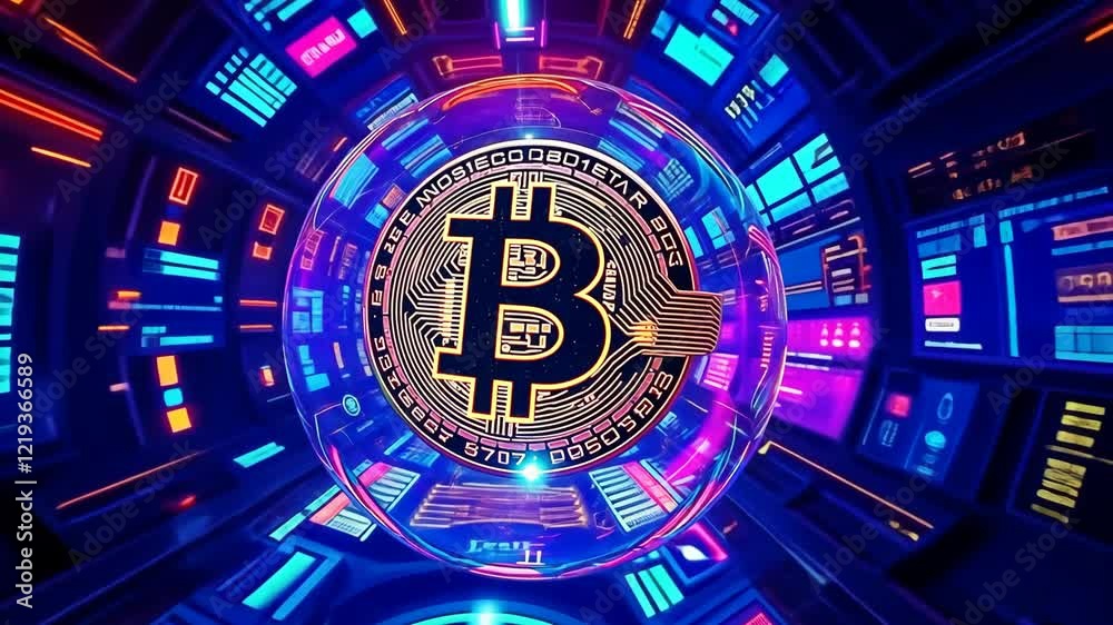 Virtual illustration of Bitcoin in digital futuristic style Virtual illustration of Bitcoin in digital futuristic style
