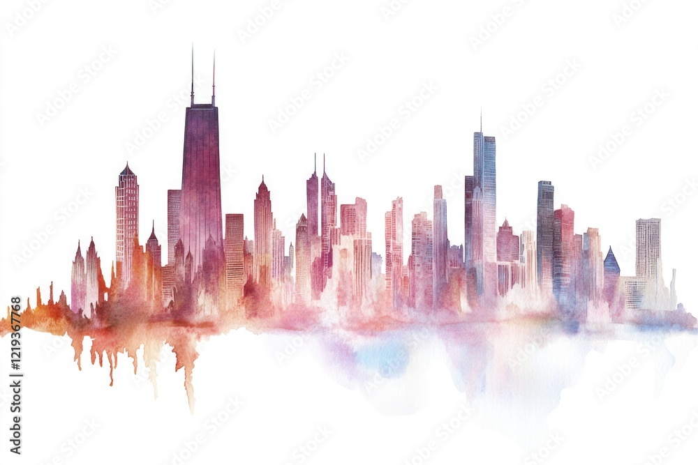 Fototapeta premium Watercolor painting of a city skyline at sunset