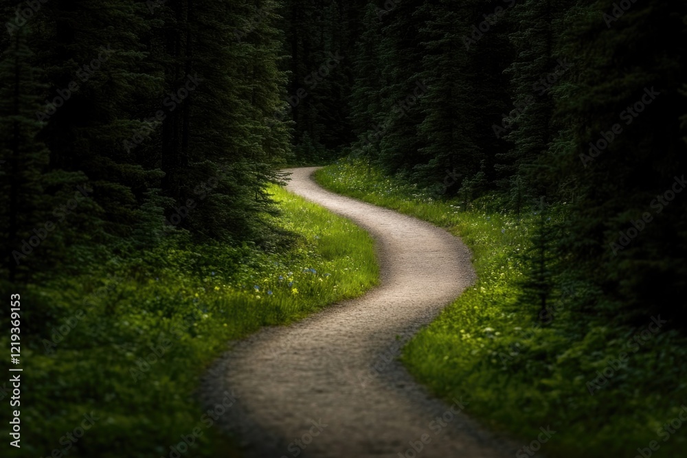 Winding path through dark forest, illuminated by soft light, evo Winding path through dark forest, illuminated by soft light, evo