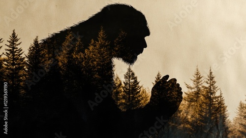 A giant ape-like creature stands at the edge of a dense forest, its shape and features obscured by the darkness