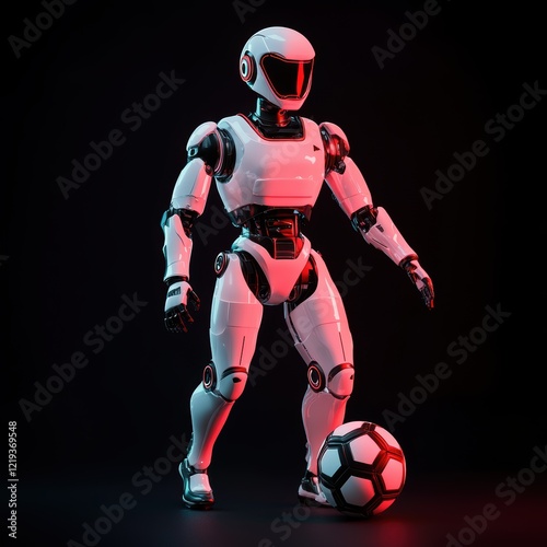 Futuristic Robot Playing Soccer in a Dark Setting