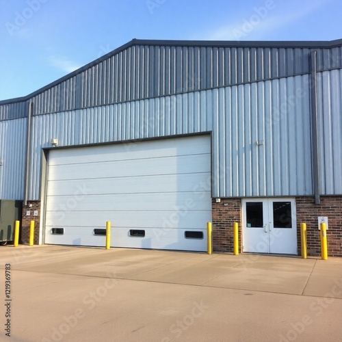 Industrial warehouse exterior, large garage doors.