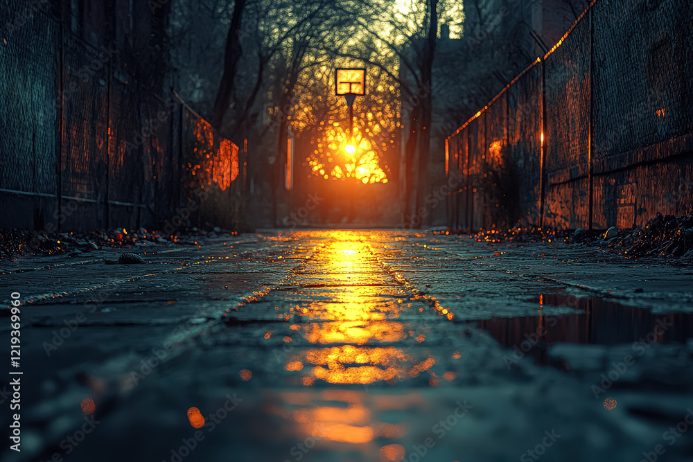 Dark alleyway with a basketball hoop in the background. The sun is setting, casting a warm glow on the scene Dark alleyway with a basketball hoop in the background. The sun is setting, casting a warm glow on the scene