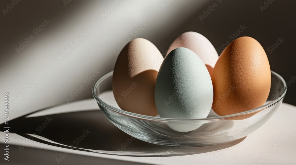 Different colored eggs are delicately arranged in a transparent bowl, showcasing their smooth textures. Soft shadows and natural light enhance the aesthetic appeal of the arrangement Different colored eggs are delicately arranged in a transparent bowl, showcasing their smooth textures. Soft shadows and natural light enhance the aesthetic appeal of the arrangement